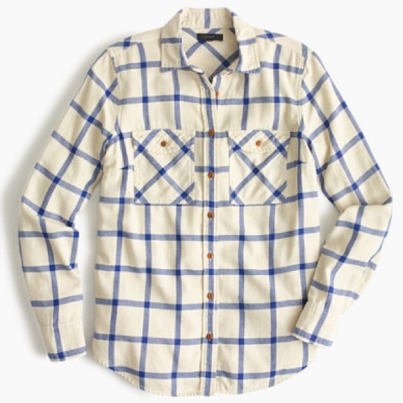 J. Crew Tops - J. Crew 100% Cotton Cream and Blue flannel button up